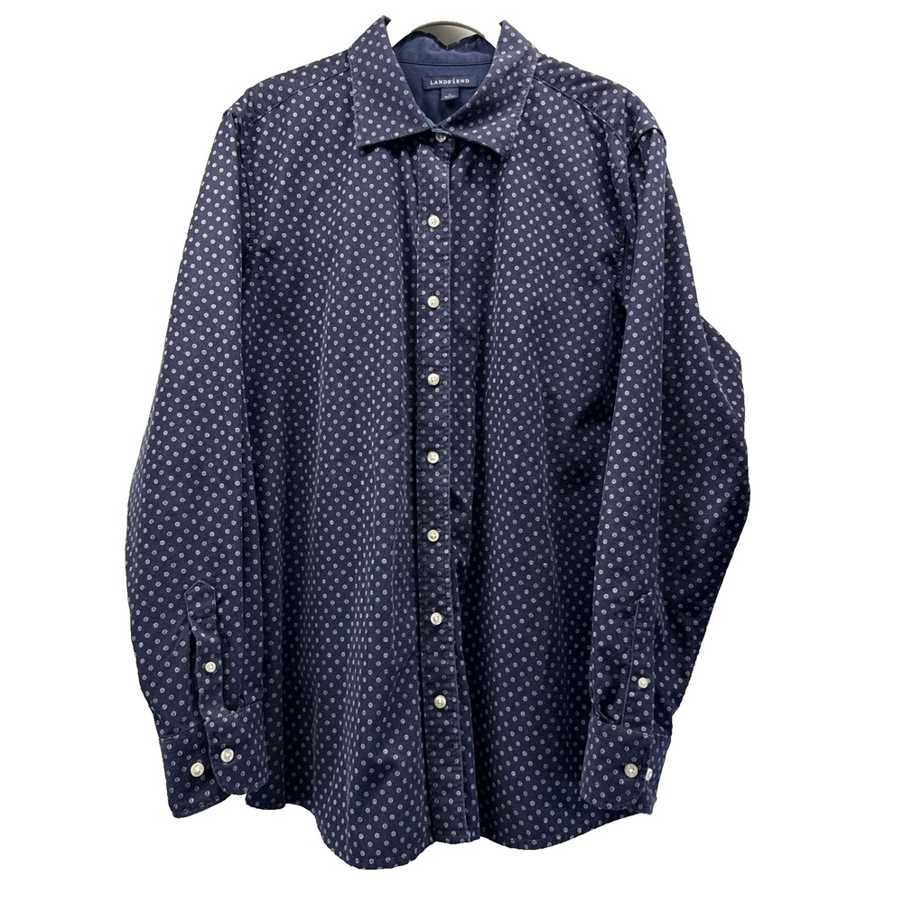 Lands End Women's Fine Corduroy Top Blouse 1X Blue White Polka Dot Long Sleeves